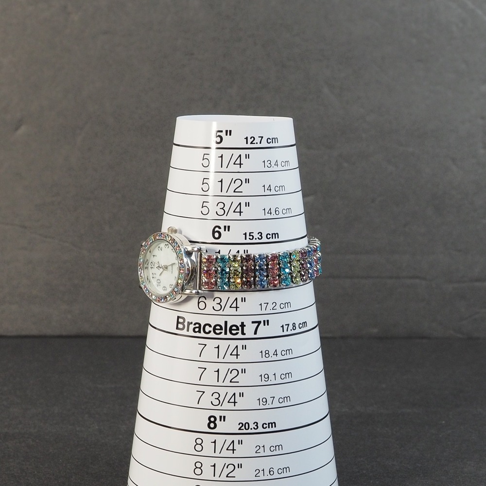 Quartz Watch Stretch Bracelet Matched Set Silver Tone Pastel Rainbow Rhinestone - Picture 5 of 12